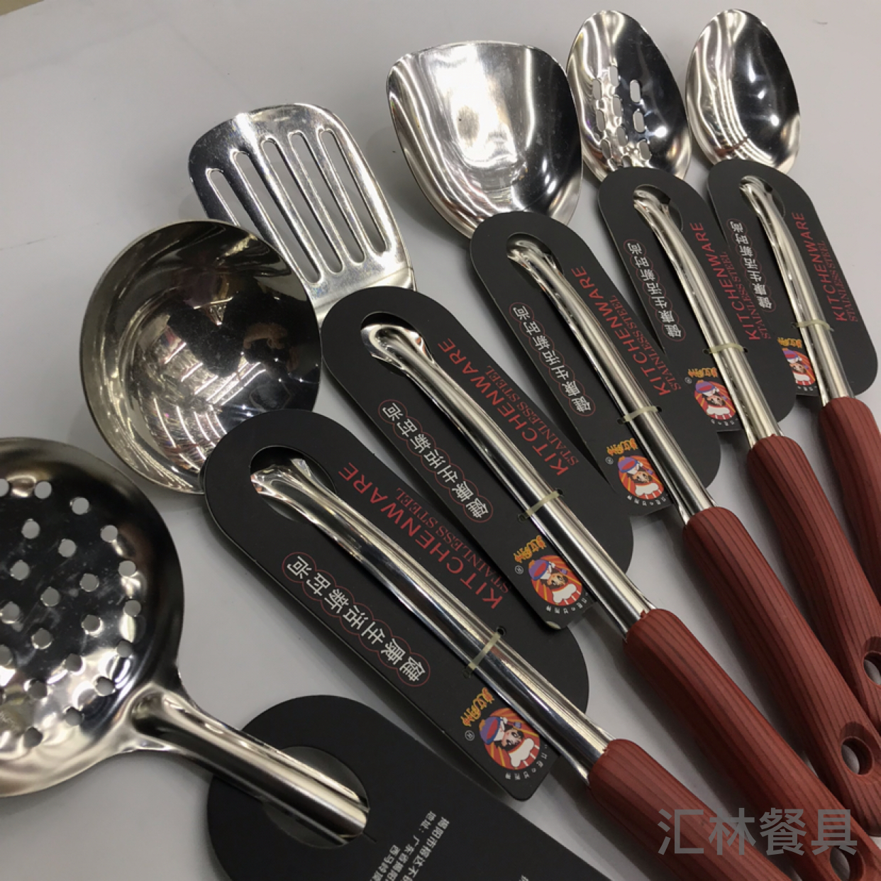 Stainless Steel Kitchenware 1.5cm Non-Magnetic Wood Grain round Head Handle Anti-Scald Porridge Colander Spatula Flat Shovel Long Tongue Spoon