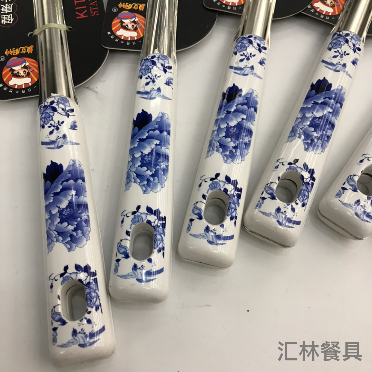 Stainless Steel Kitchenware 1.5cm Non-Magnetic Blue and White Porcelain Handle Anti-Scald Porridge Colander Spatula Flat Shovel Long Tongue Spoon Can Be Customized