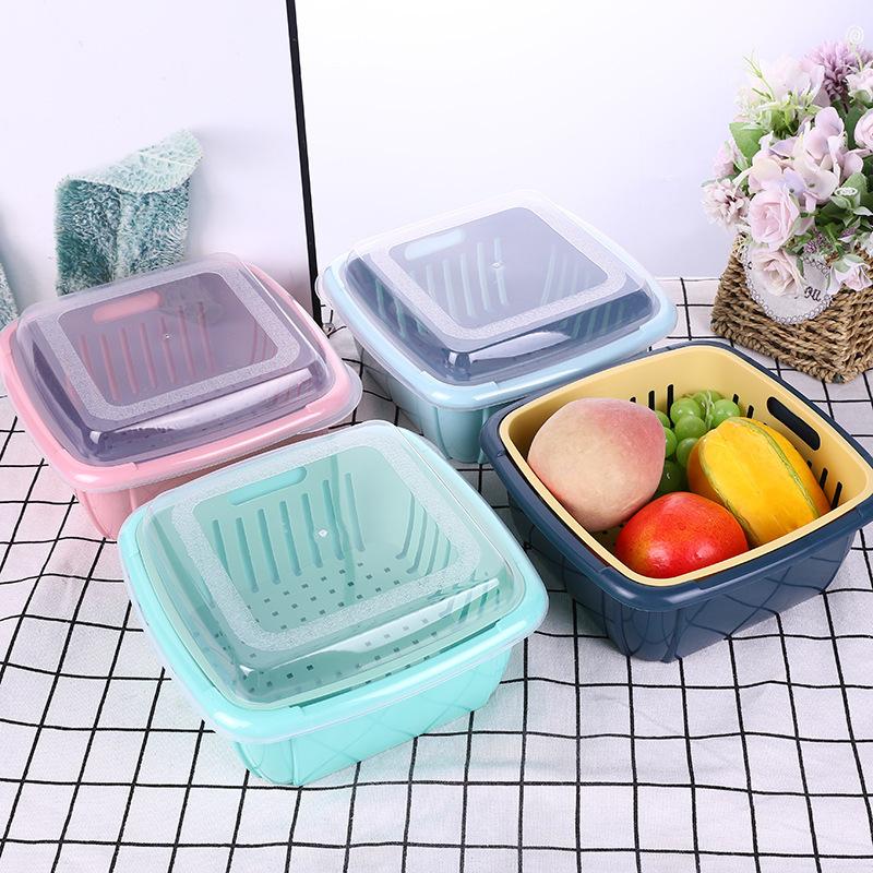Fresh-Keeping Drain Basket Household Double-Layer Vegetable Washing Fruit Basket Dustproof with Cover Preservation Storage Box