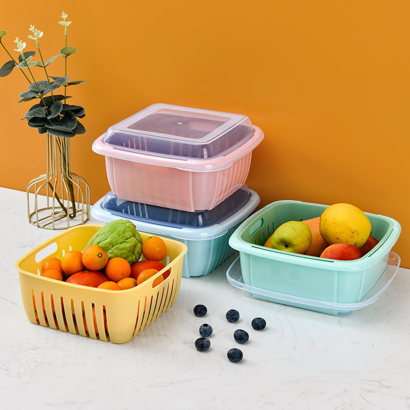 Fresh-Keeping Drain Basket Household Double-Layer Vegetable Washing Fruit Basket Dustproof with Cover Preservation Storage Box