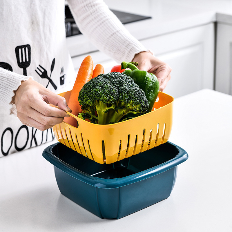 Fresh-Keeping Drain Basket Household Double-Layer Vegetable Washing Fruit Basket Dustproof with Cover Preservation Storage Box