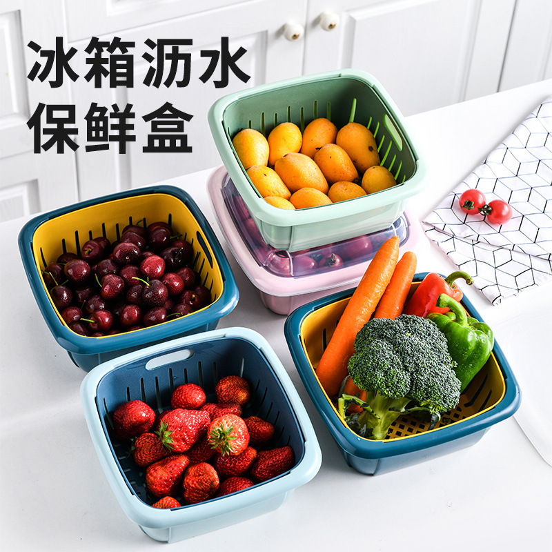 Fresh-Keeping Drain Basket Household Double-Layer Vegetable Washing Fruit Basket Dustproof with Cover Preservation Storage Box