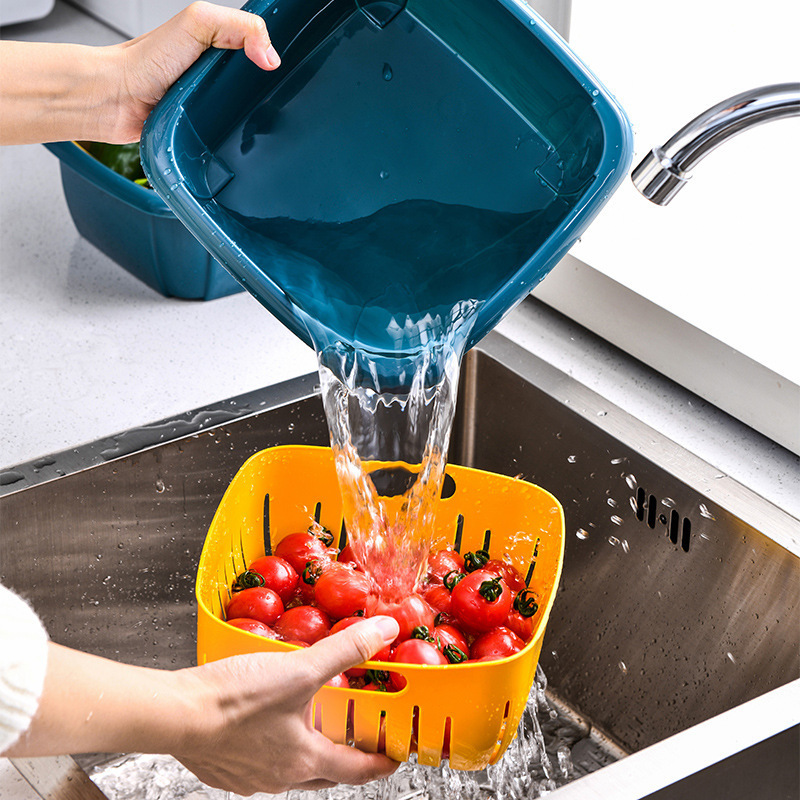 Fresh-Keeping Drain Basket Household Double-Layer Vegetable Washing Fruit Basket Dustproof with Cover Preservation Storage Box