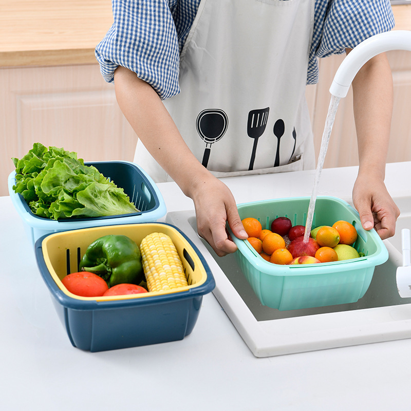 Fresh-Keeping Drain Basket Household Double-Layer Vegetable Washing Fruit Basket Dustproof with Cover Preservation Storage Box