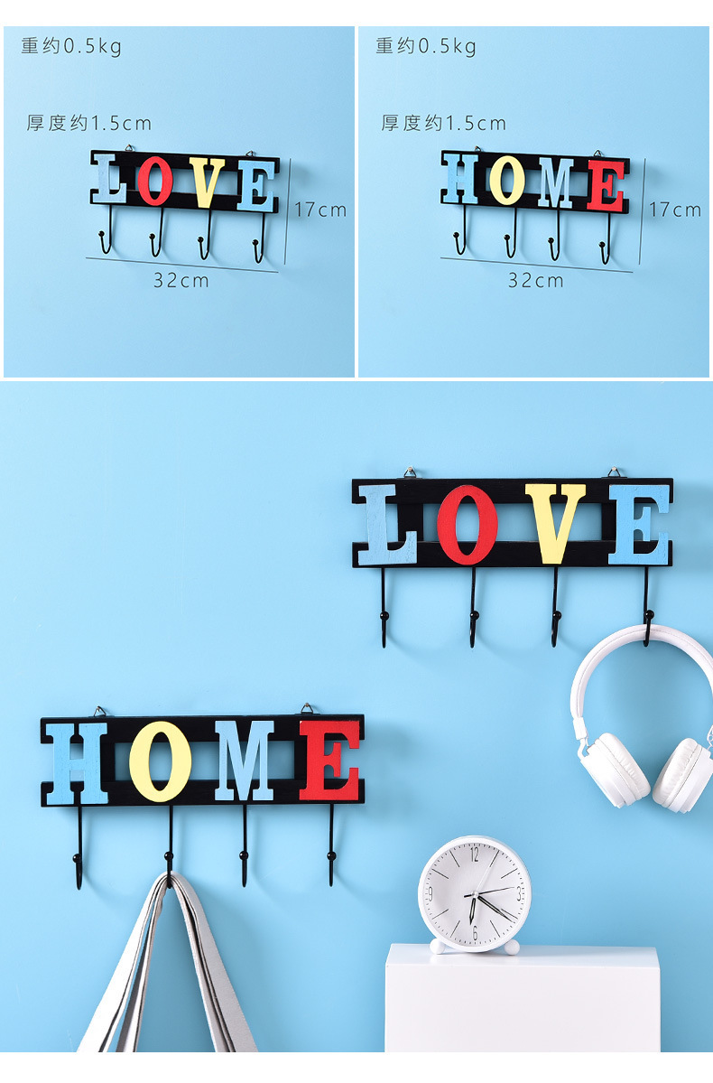 Nordic Wrought Iron Love Decorative Letters Hook Living Room Wall Key Hook Bedroom Metal Coat Hook Row Hook