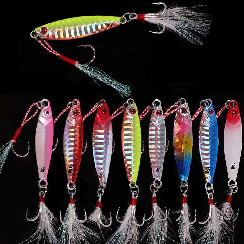Wholesale Fishing Gear Hard Bait Horse Brand 7G/10G/15G/20G/30G Luminous Iron Plate Feather Blood Slot Hook
