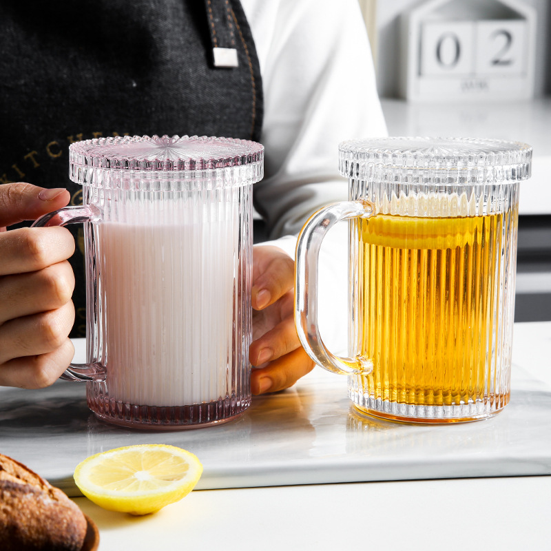 Lvdian Modern Minimalist Striped Glass Mug Household Clear with Cover Glass Cup Tea Cup Juice Cup