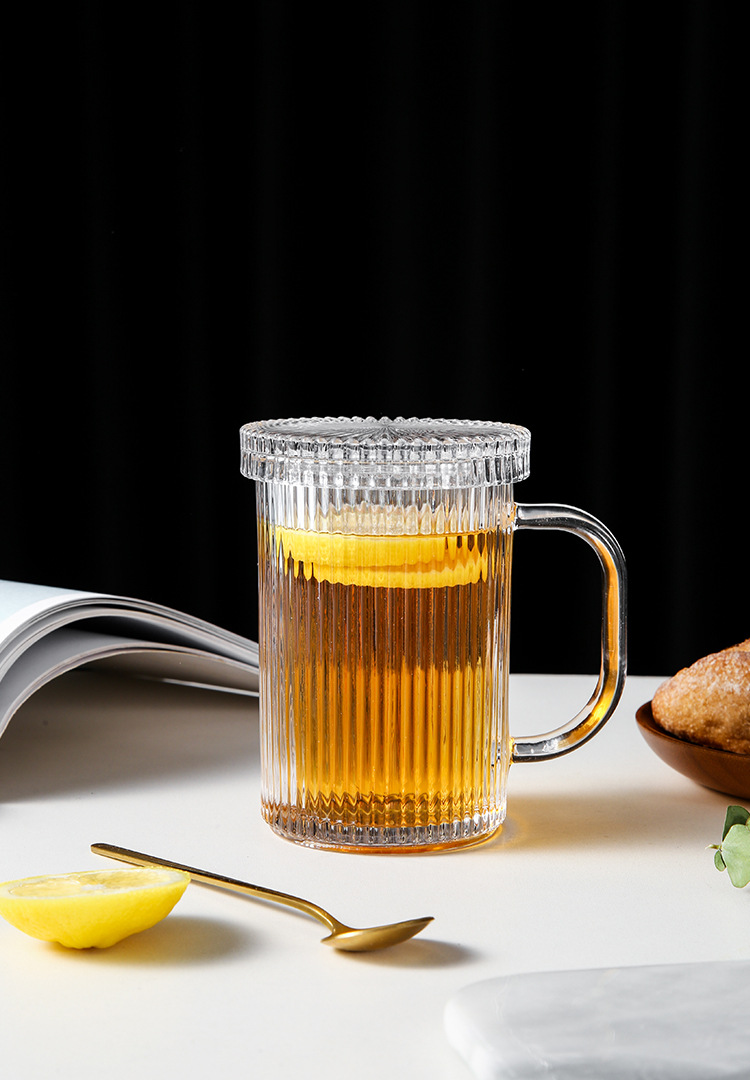 Lvdian Modern Minimalist Striped Glass Mug Household Clear with Cover Glass Cup Tea Cup Juice Cup