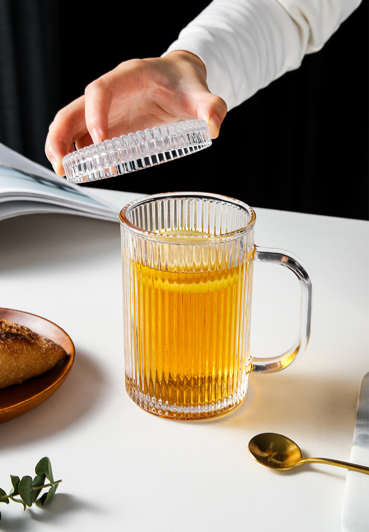 Lvdian Modern Minimalist Striped Glass Mug Household Clear with Cover Glass Cup Tea Cup Juice Cup