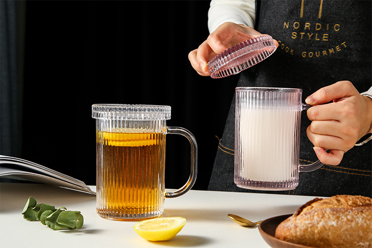 Lvdian Modern Minimalist Striped Glass Mug Household Clear with Cover Glass Cup Tea Cup Juice Cup