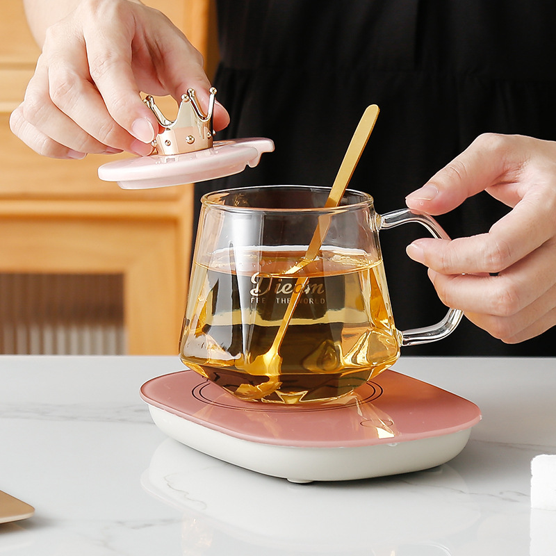 55 Degrees Constant Temperature Glass Creative Gift Cup with Cover with Spoon Couple&#039;s Cups Vacuum Cup Automatic Heating Glass Cup
