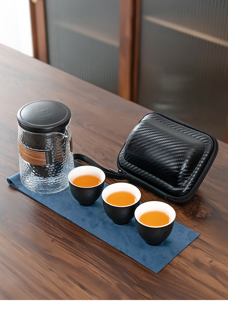 Creative Portable Ceramic Travel Tea Set Black Pottery Convenient Tea Cup Set with Lubao Filter Tea Maker Glass Cup