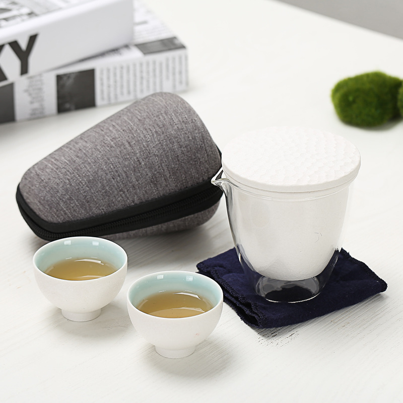 Ceramic Quick Cup One Pot Two Cups Glass Cup Gongfu Teapot Travel Black Porcelain Cup Portable Bag Carrying Tea Set