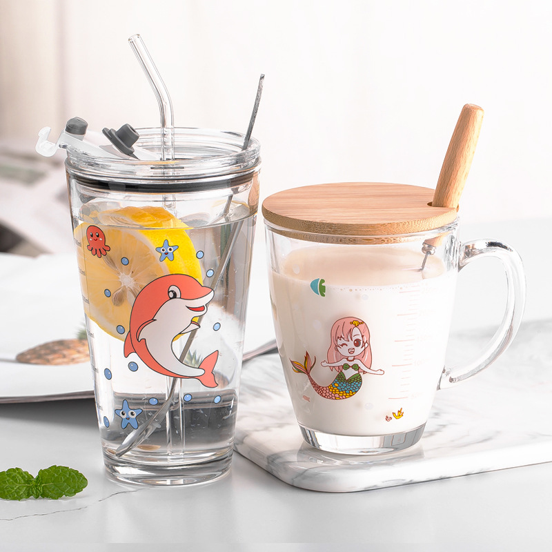 Household Children&#039;s Milk Cup Milk Powder Covered Handle Breakfast Transparent Straw Glass Cup Microwaveable Heating