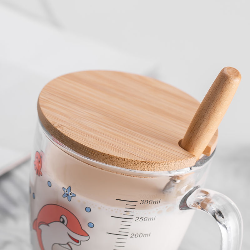 Household Children&#039;s Milk Cup Milk Powder Covered Handle Breakfast Transparent Straw Glass Cup Microwaveable Heating