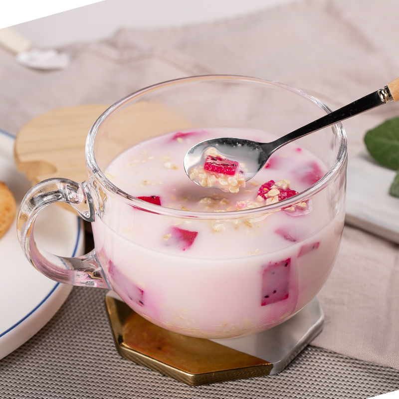 Household Children&#039;s Milk Cup Milk Powder Covered Handle Breakfast Transparent Straw Glass Cup Microwaveable Heating