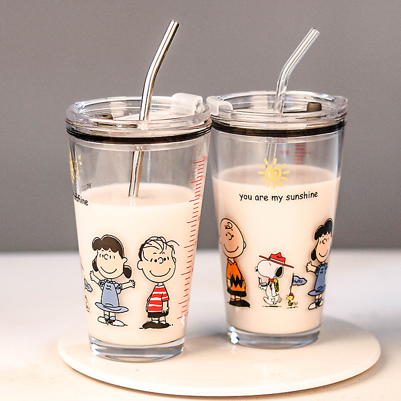 Household Children&#039;s Milk Cup Milk Powder Covered Handle Breakfast Transparent Straw Glass Cup Microwaveable Heating