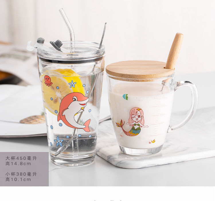 Household Children's Milk Cup Milk Powder Covered Handle Breakfast Transparent Straw Glass Cup Microwaveable Heating