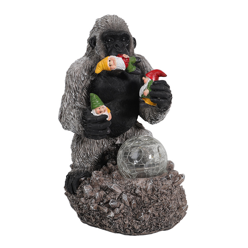 Cross-Border New Garden Decoration Solar Light-Emitting Resin Crafts Orangutan Eating Genie Crystal Ball Decoration Wholesale