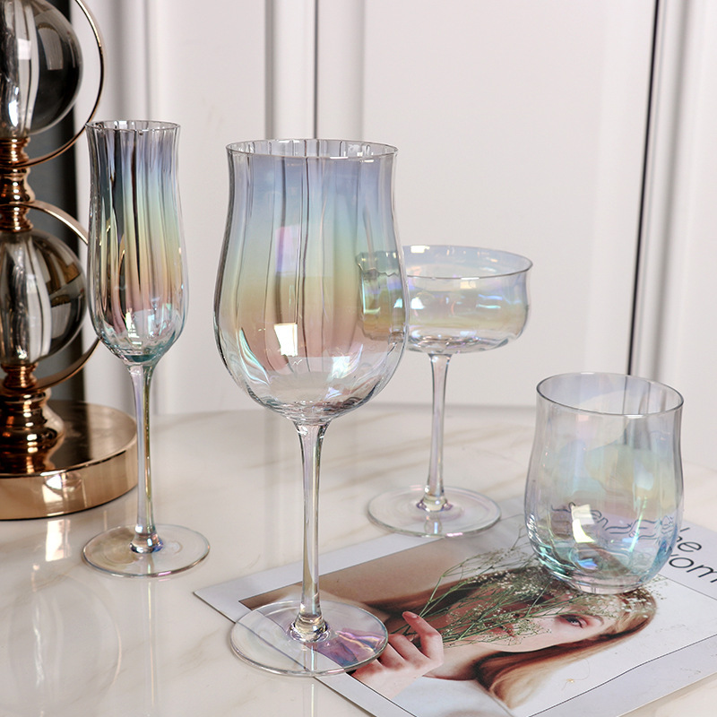 Valentine&#039;s Day Gift Wholesale Red Wine Glass Vertical Rib Pattern Cocktail Glass Ins Style Colorful Tulip Glass Cup Set