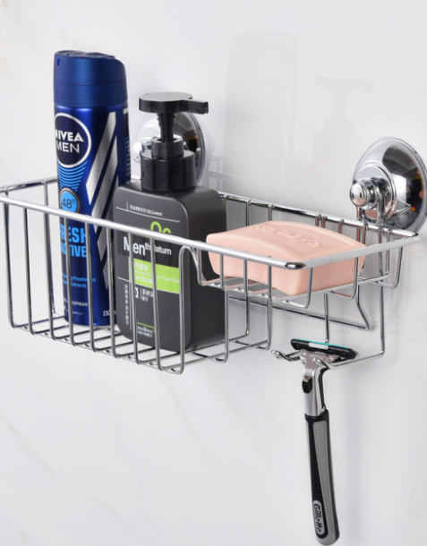 Vacuum Suction Cup Shower Storage Basket Wrought Iron Electroplating Soap Box Sponge Rack Storage Rack with Hook