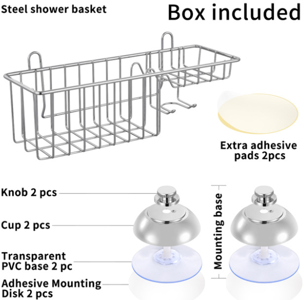 Vacuum Suction Cup Shower Storage Basket Wrought Iron Electroplating Soap Box Sponge Rack Storage Rack with Hook