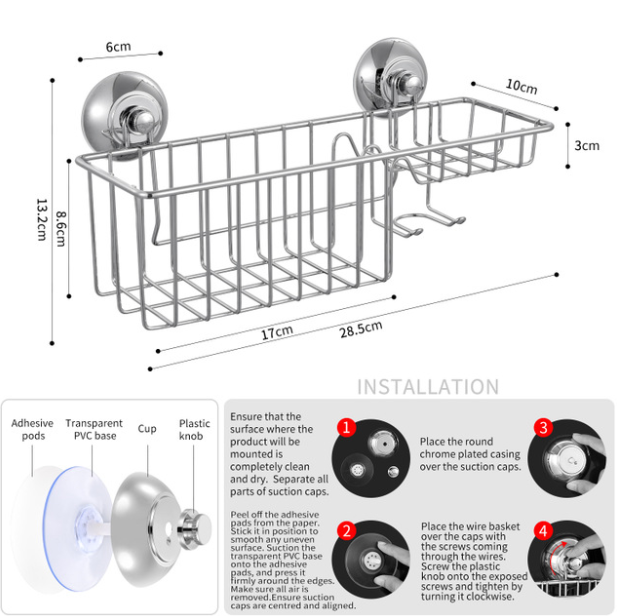 Vacuum Suction Cup Shower Storage Basket Wrought Iron Electroplating Soap Box Sponge Rack Storage Rack with Hook
