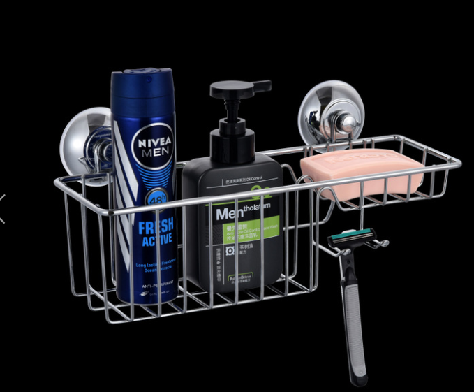 Vacuum Suction Cup Shower Storage Basket Wrought Iron Electroplating Soap Box Sponge Rack Storage Rack with Hook