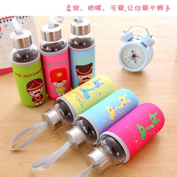 Cloth Cover Sealed Leak-Proof Sports Cup Cute Cartoon Animal Cloth Cover Glass Cup with Lanyard