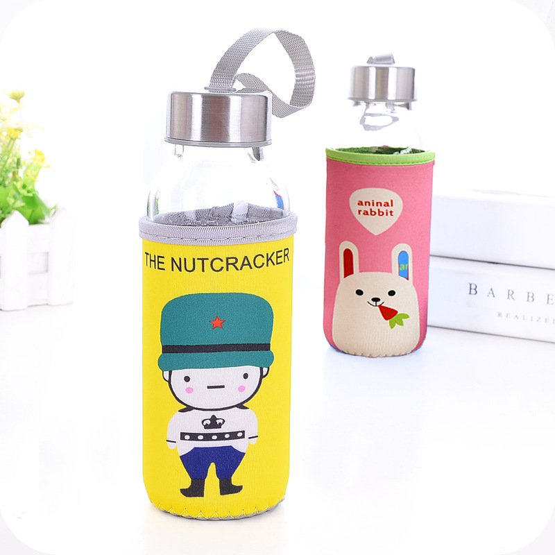 Cloth Cover Sealed Leak-Proof Sports Cup Cute Cartoon Animal Cloth Cover Glass Cup with Lanyard