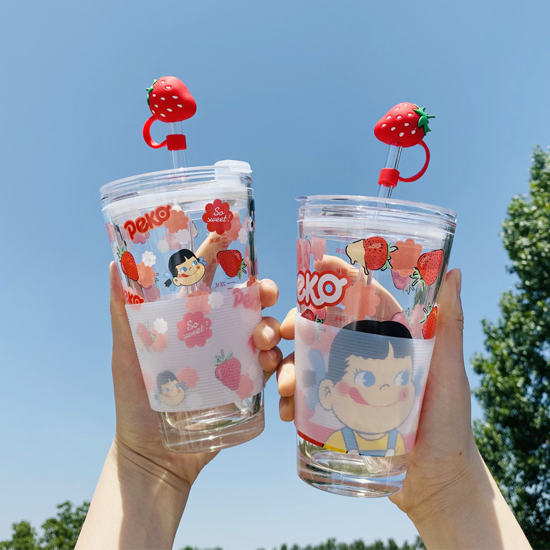 Cute Strawberry Glass Cup Student Ins Japanese Cartoon Straw Graduated Glass Creative Girlish Heart Pink Cup