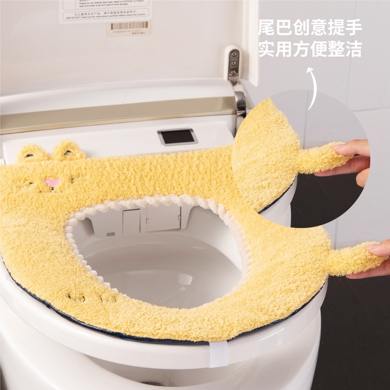 Toilet Mat Autumn and Winter Household Cute Cartoon Cat Happy Day Washable Thickened Fleece Warm Toilet Seat Cushion
