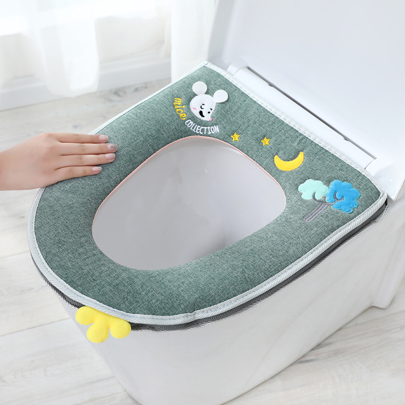 Universal Household Four Seasons Toilet Seat Cover U-Shaped Dehaired Angora Toilet Mat Thickened Cotton and Linen Embroidered Zipper Toilet Seat Cushion