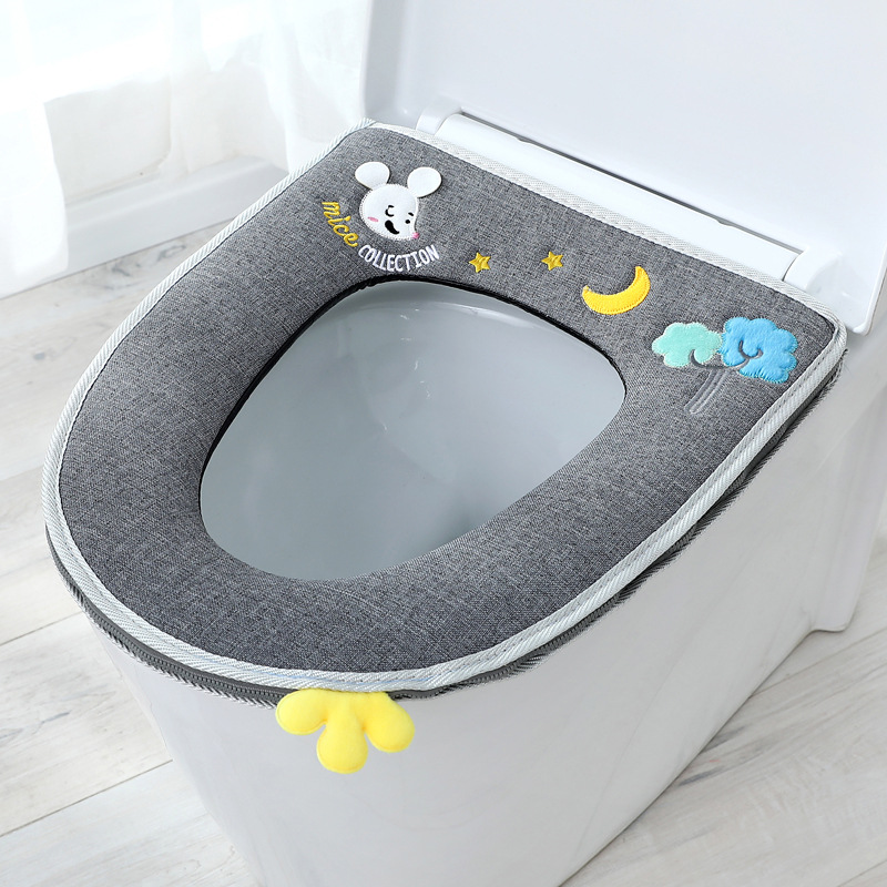 Universal Household Four Seasons Toilet Seat Cover U-Shaped Dehaired Angora Toilet Mat Thickened Cotton and Linen Embroidered Zipper Toilet Seat Cushion