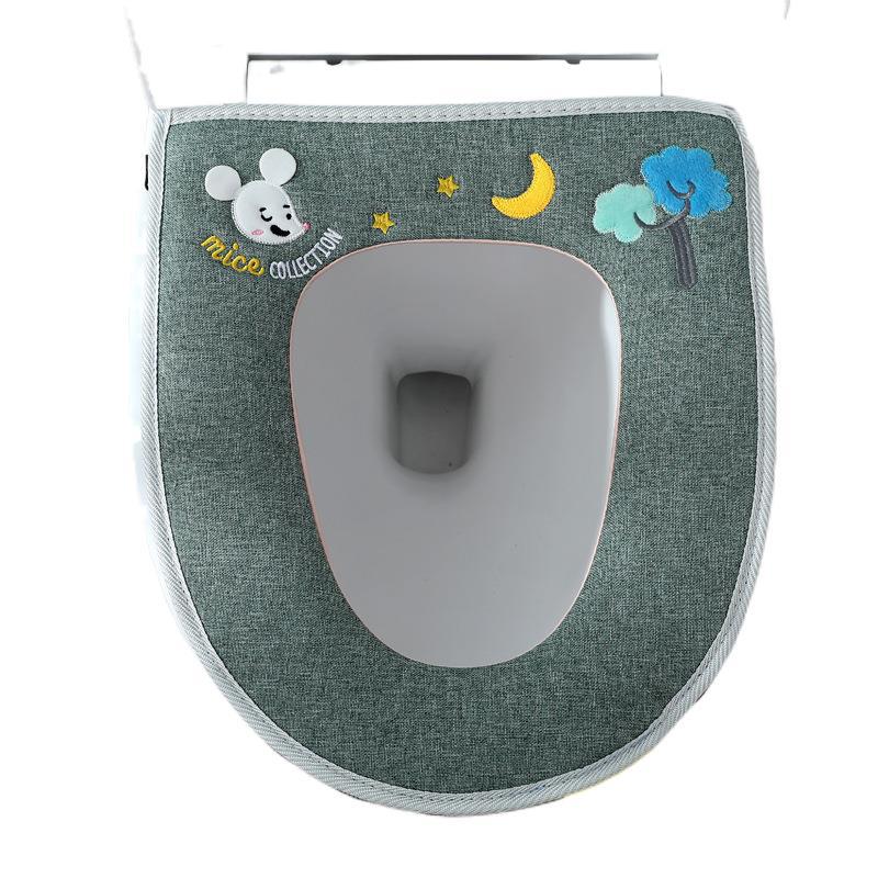 Universal Household Four Seasons Toilet Seat Cover U-Shaped Dehaired Angora Toilet Mat Thickened Cotton and Linen Embroidered Zipper Toilet Seat Cushion