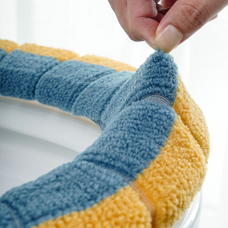 Nordic Style Contrast Color Handle Toilet Seat Cushion Plush Knitted Toilet Seat Cover Winter Warm Toilet Seat Home Toilet Seat Cover