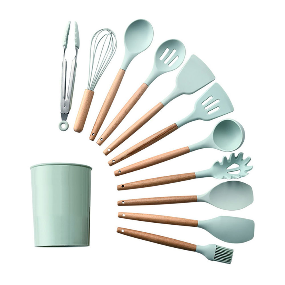 Manufacturers Supply 12-Piece Silicone Kitchenware with Wooden Handle Cooking Spoon and Shovel Non-Stick Spatula Silicone Kitchenware 12-Piece Set