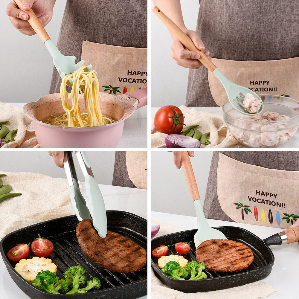Manufacturers Supply 12-Piece Silicone Kitchenware with Wooden Handle Cooking Spoon and Shovel Non-Stick Spatula Silicone Kitchenware 12-Piece Set