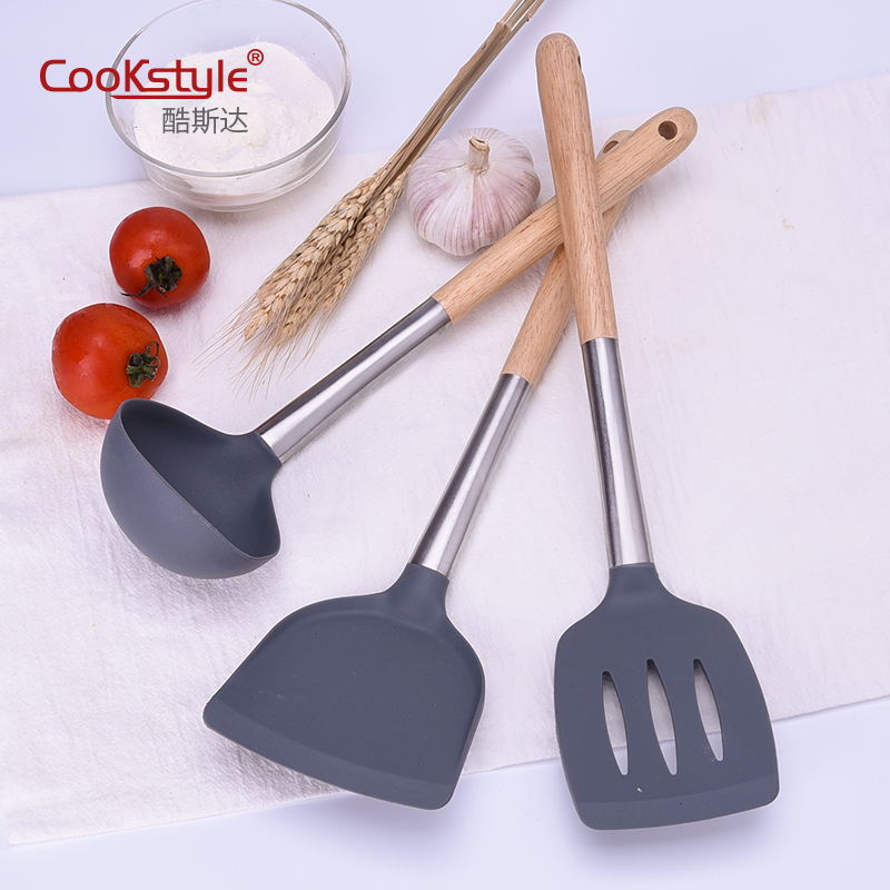 Kitchen Tools Silicone Stainless Steel Kitchenware 3-Piece Non-Stick Pan Special Cooking Spoon and Shovel Soup Spoon and Spatula Set