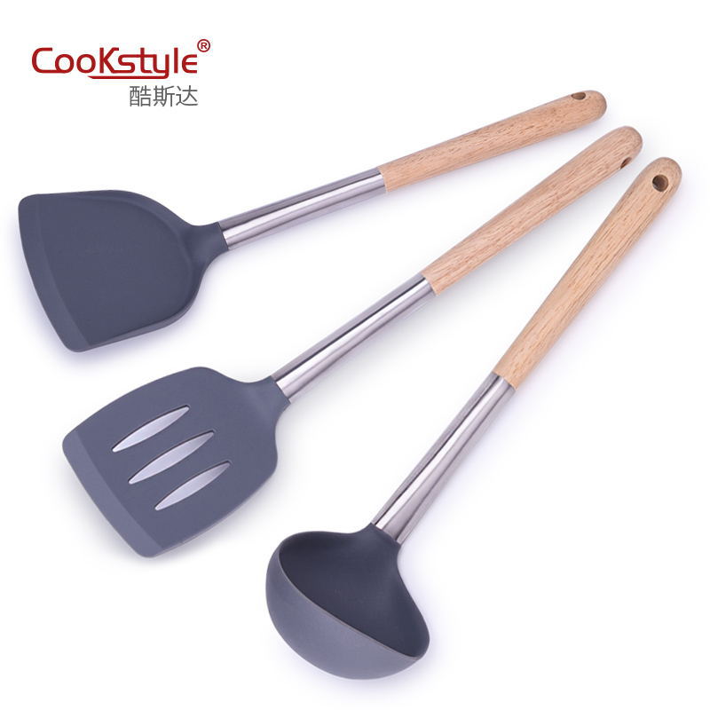 Kitchen Tools Silicone Stainless Steel Kitchenware 3-Piece Non-Stick Pan Special Cooking Spoon and Shovel Soup Spoon and Spatula Set
