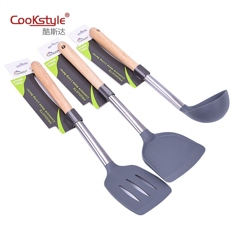 Kitchen Tools Silicone Stainless Steel Kitchenware 3-Piece Non-Stick Pan Special Cooking Spoon and Shovel Soup Spoon and Spatula Set