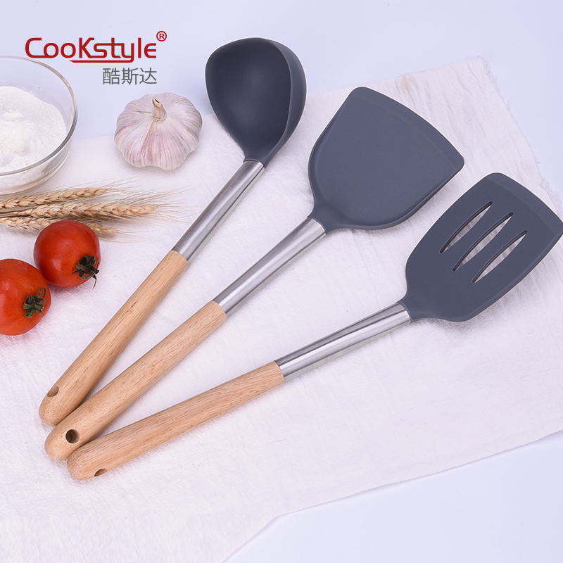 Kitchen Tools Silicone Stainless Steel Kitchenware 3-Piece Non-Stick Pan Special Cooking Spoon and Shovel Soup Spoon and Spatula Set