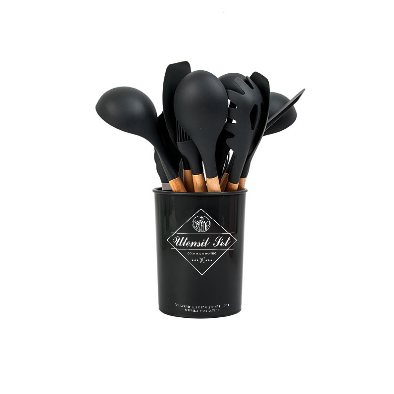 Wooden Handle Silicone Cookware Non-Stick Pan Spatula Soup Spoon Household High Temperature Resistant 11-Piece Set Kitchen Utensils