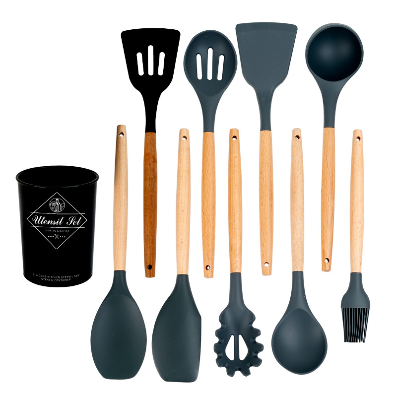 Wooden Handle Silicone Cookware Non-Stick Pan Spatula Soup Spoon Household High Temperature Resistant 11-Piece Set Kitchen Utensils