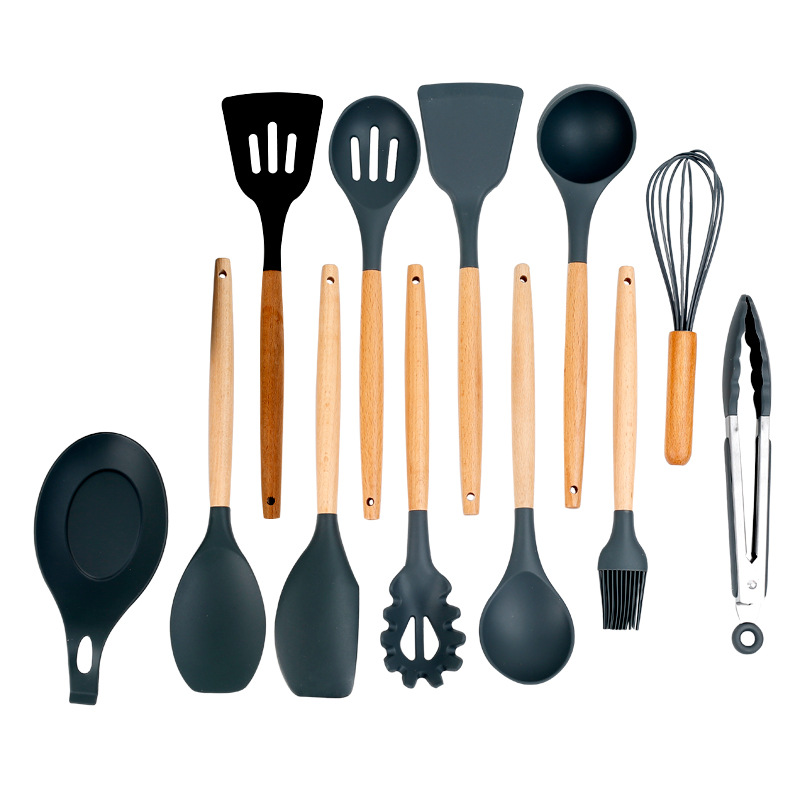 Wooden Handle Silicone Cookware Non-Stick Pan Spatula Soup Spoon Household High Temperature Resistant 11-Piece Set Kitchen Utensils