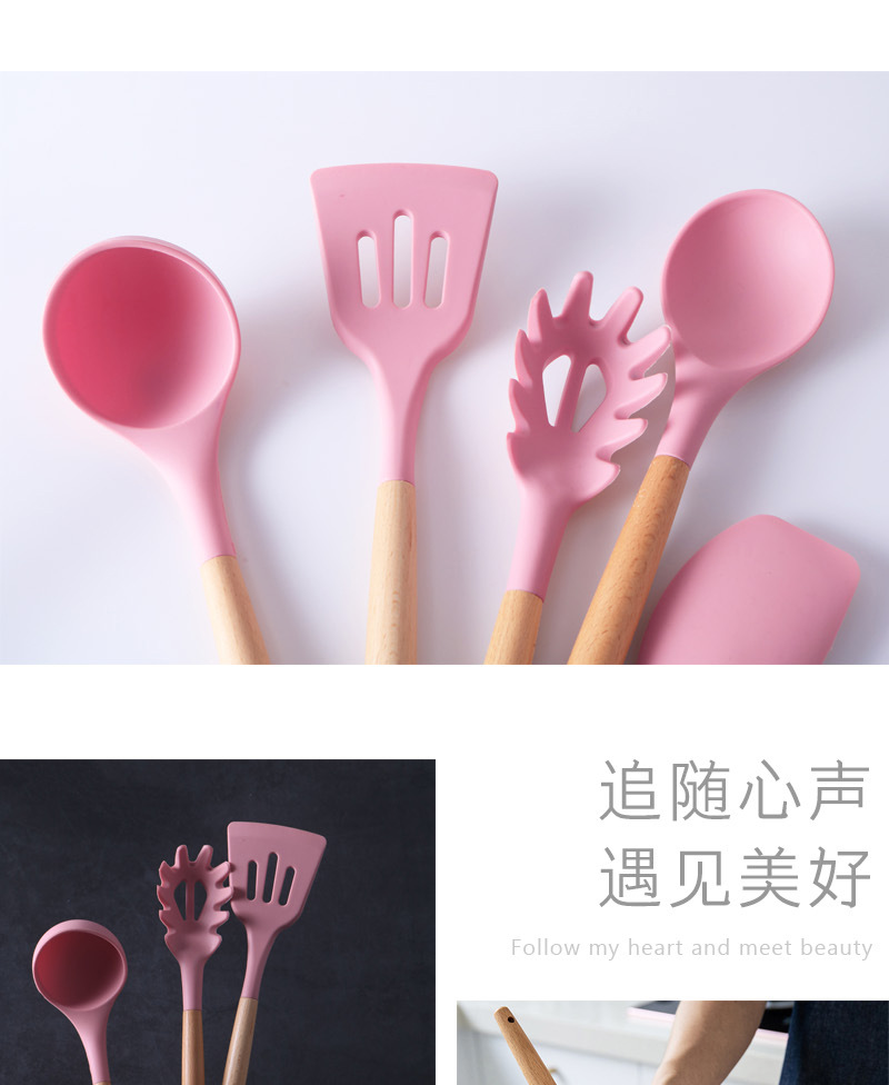 Kitchen supplies wooden handle European non-stick silicone Spatula set of 11 pieces with storage bucket heat resistant set Kitchen supplies wooden handle European non-stick silicone Spatula set of 11 pieces with storage bucket heat resistant set