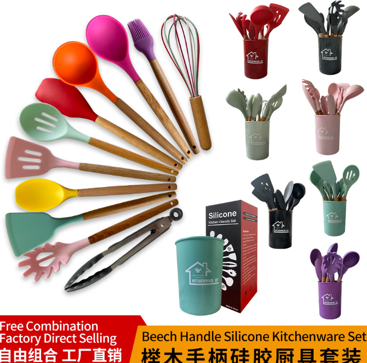 Factory Spot Goods Silicone Kitchenware 11-Piece Set Storage Barrel Non-Stick Pan Kitchen Tools Cooking Spatula Set