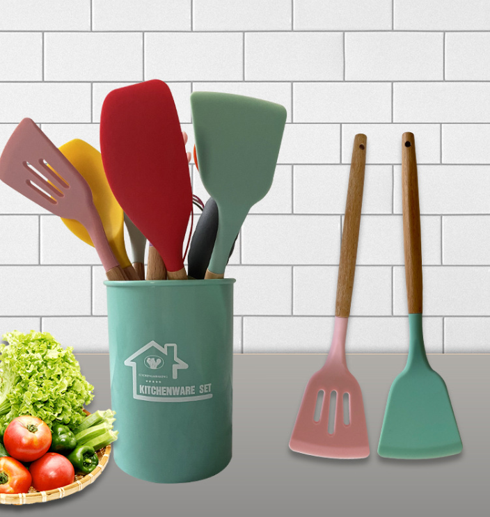 Factory Spot Goods Silicone Kitchenware 11-Piece Set Storage Barrel Non-Stick Pan Kitchen Tools Cooking Spatula Set