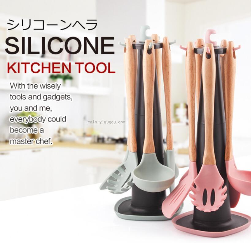 Wooden Handle Silicone Kitchenware Set Six Sets, Non Stick Silicone Spatula Cooking Spoon Spoon Tuck