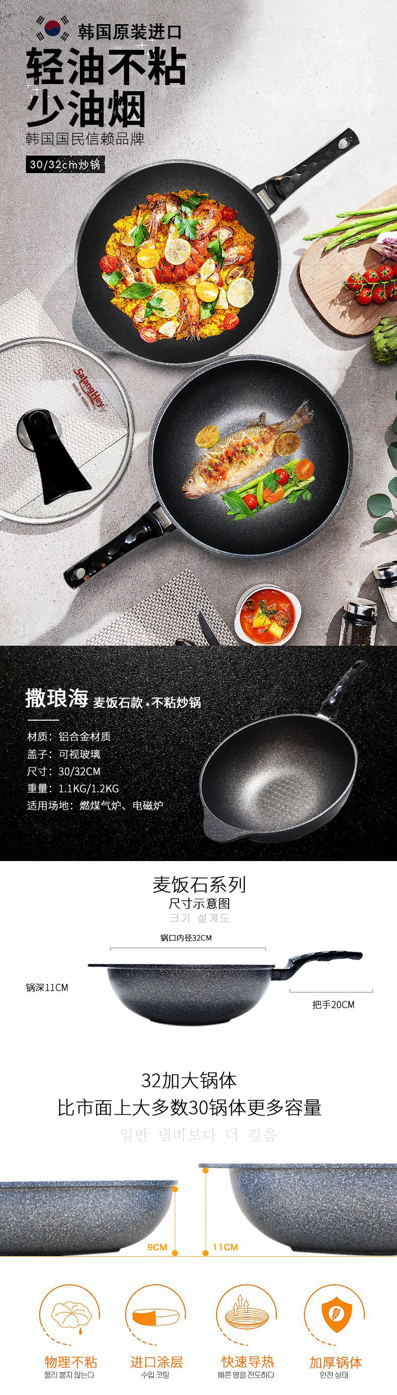 Sarang Sea Frying Pan Medical Stone Non-Stick Pan 32cm Smoke-Free Spatula Cooking Pot Imported from South Korea Wholesale